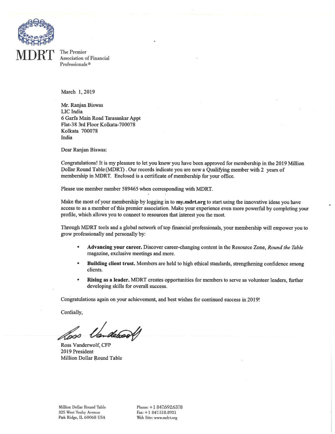 MDRT Letter 2019